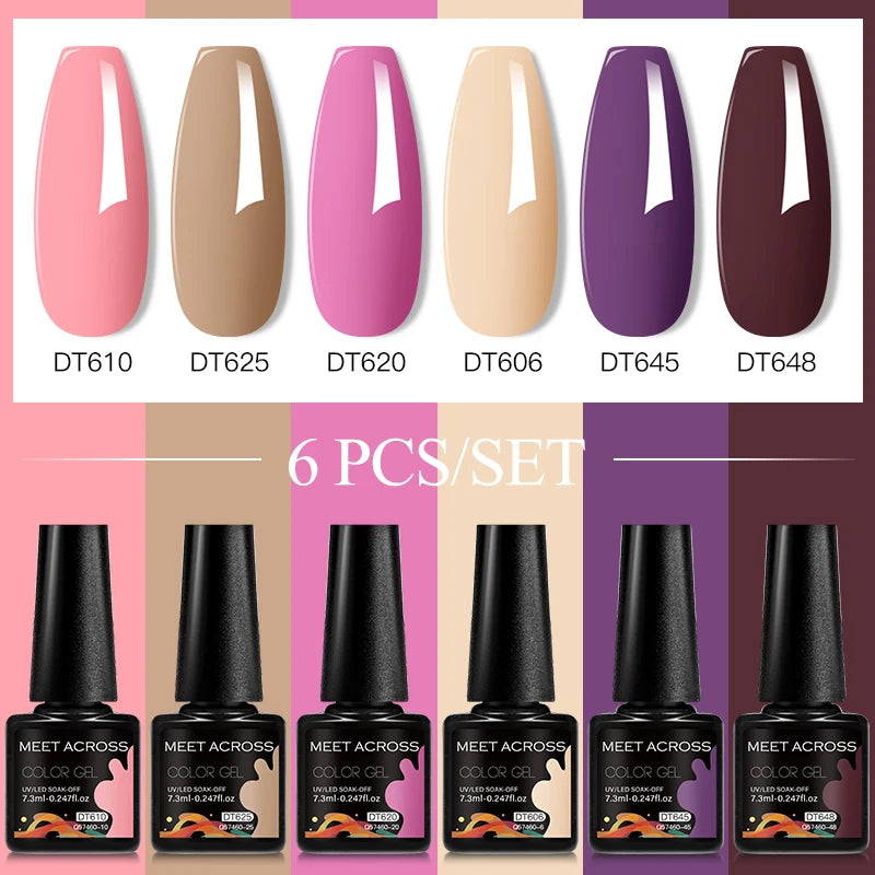 MEET ACROSS 6PC UV LED Gel Nail Polish Set – Soak Off Semi-Permanent Manicure Kit (7ml Each) C50