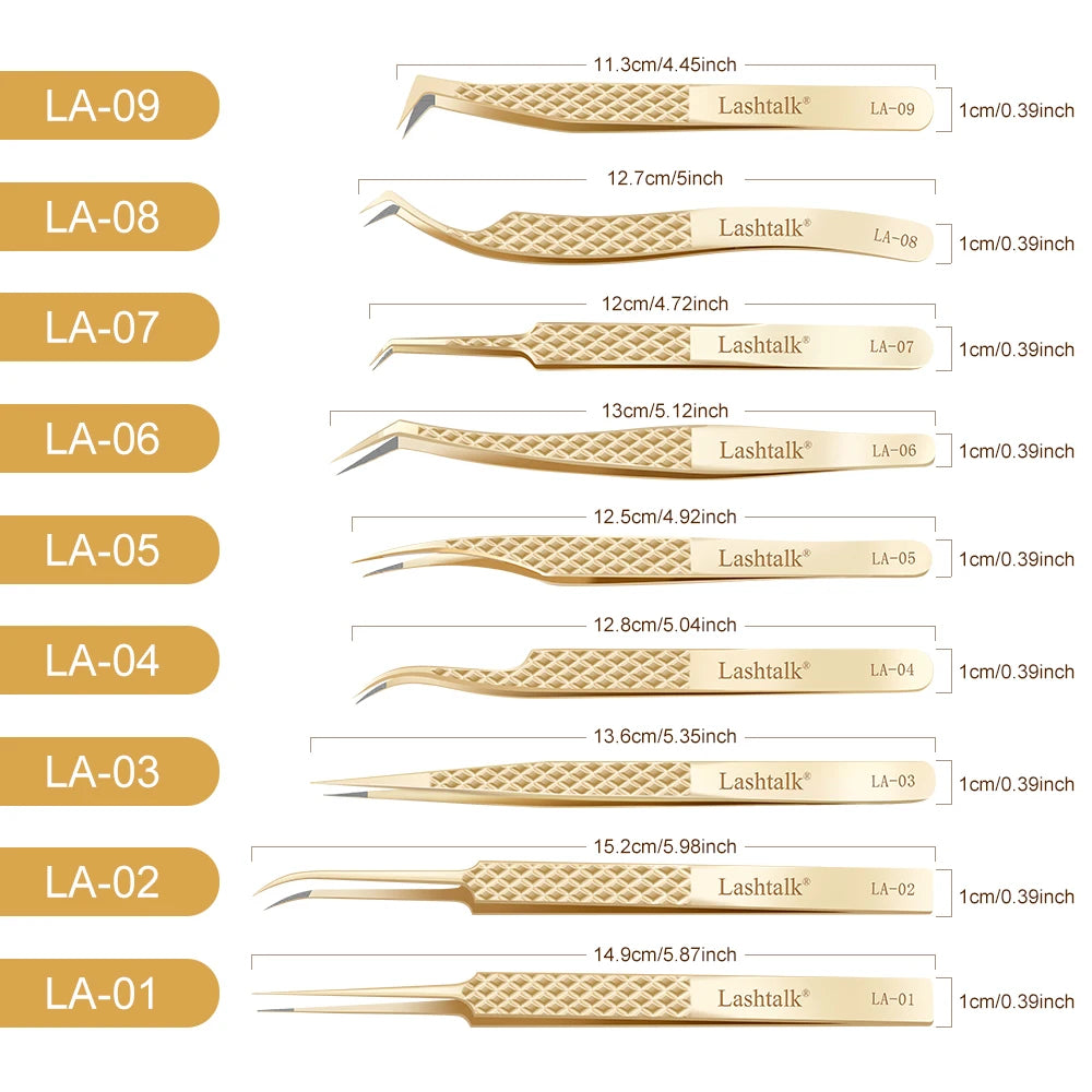 Pinzas para pestañas Lashtalk Precision con punta de fibra: antideslizantes, agarre de diamante y acabado dorado premium