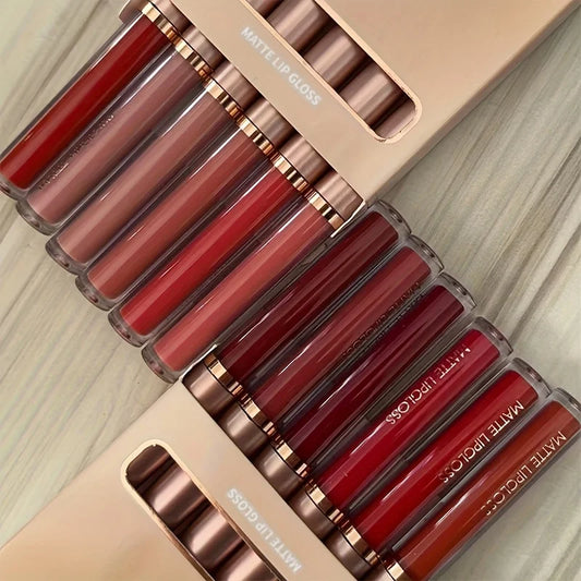 Brillo de labios mate LuxuryGlow AB (dos sets): color labial hidratante, duradero y no pegajoso.
