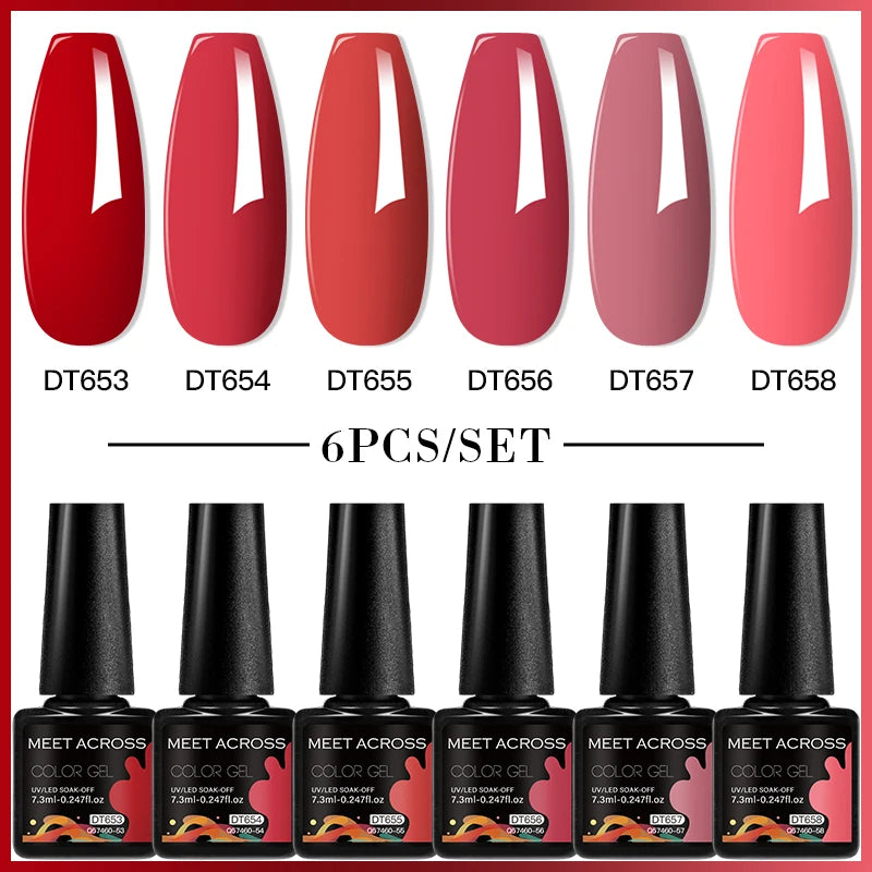 MEET ACROSS 6PC UV LED Gel Nail Polish Set – Soak Off Semi-Permanent Manicure Kit (7ml Each) C25