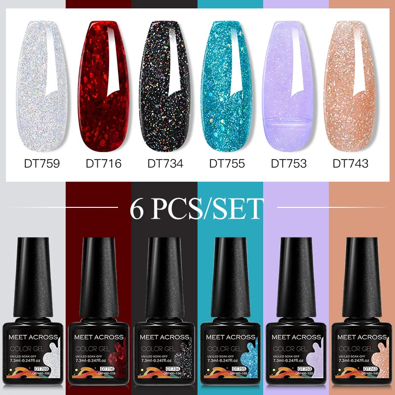 MEET ACROSS 6PC UV LED Gel Nail Polish Set – Soak Off Semi-Permanent Manicure Kit (7ml Each) C50