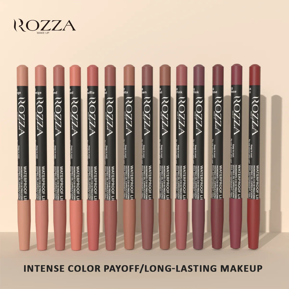 مجموعة أقلام تحديد الشفاه المقاومة للماء من LuxuryGlow Rozza - لمسة نهائية غير لامعة دقيقة وخفيفة الوزن وقابلة للمزج