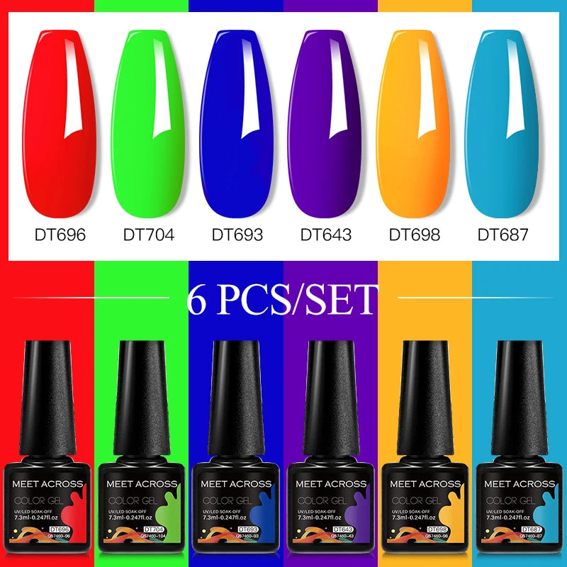MEET ACROSS 6PC UV LED Gel Nail Polish Set – Soak Off Semi-Permanent Manicure Kit (7ml Each) C50