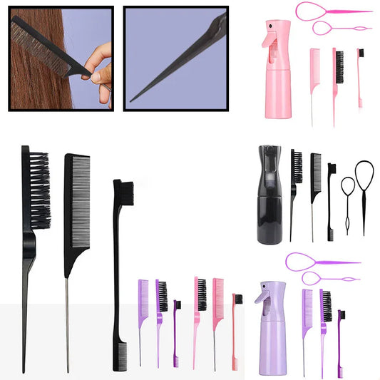 LuxuryGlow 6PCS Hair Styling Tool Set – Tail Combs, Hair Brushes & Spray Bottle for Hairdressers
