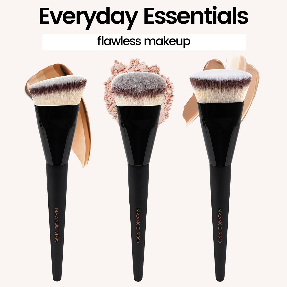 MAANGE 3pcs Foundation Makeup Brush Set – Flat, Angled & Round with Case