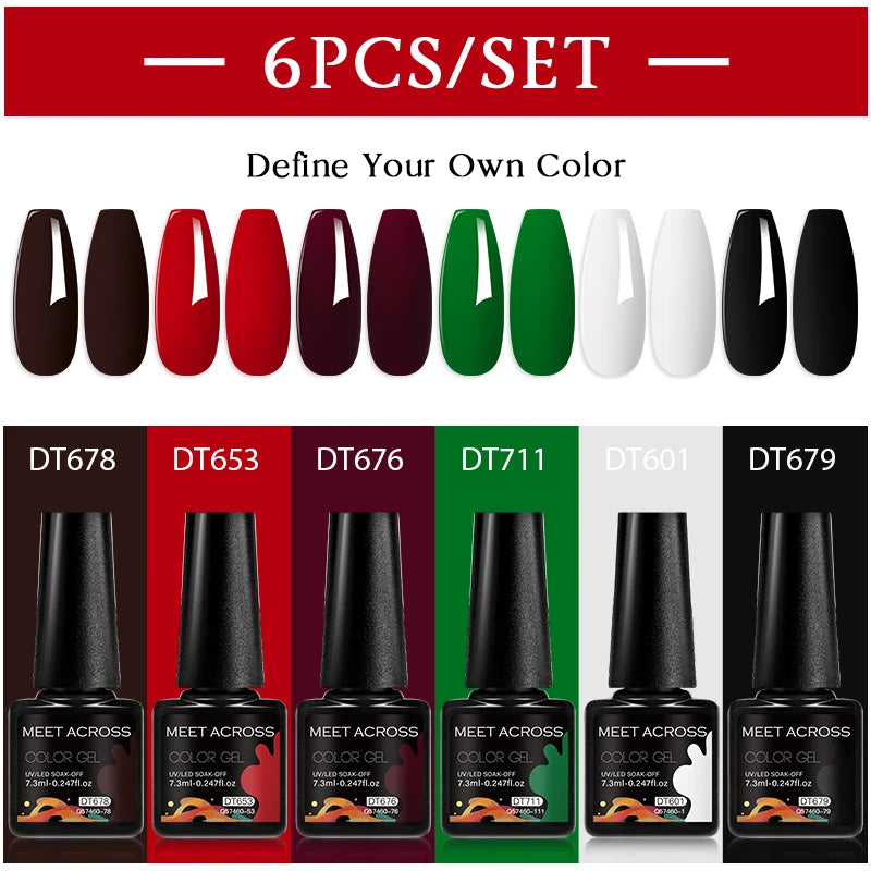 MEET ACROSS 6PC UV LED Gel Nail Polish Set – Soak Off Semi-Permanent Manicure Kit (7ml Each) C50