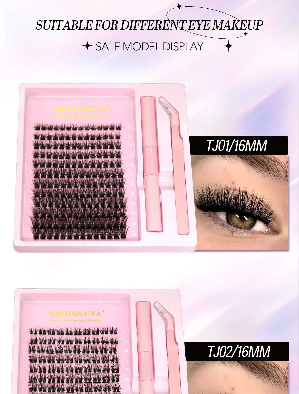 GROINNEYA DIY Lash Extension Kit – Natural Look Clusters with Bond & Seal, Tweezers Included