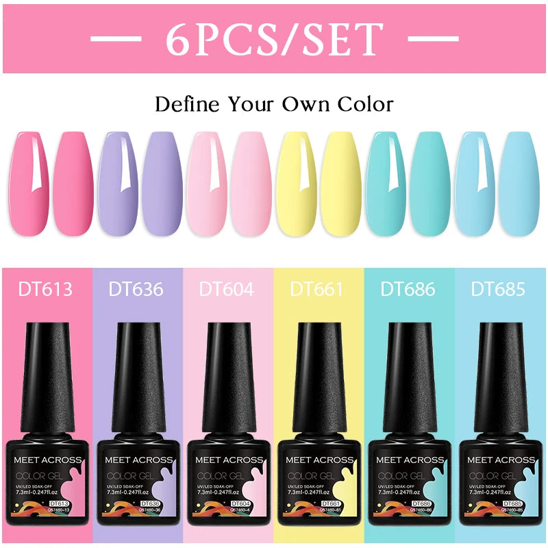 MEET ACROSS 6PC UV LED Gel Nail Polish Set – Soak Off Semi-Permanent Manicure Kit (7ml Each) C103