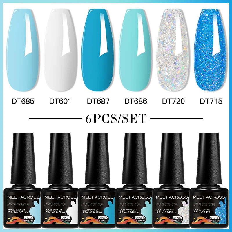 MEET ACROSS 6PC UV LED Gel Nail Polish Set – Soak Off Semi-Permanent Manicure Kit (7ml Each) C75