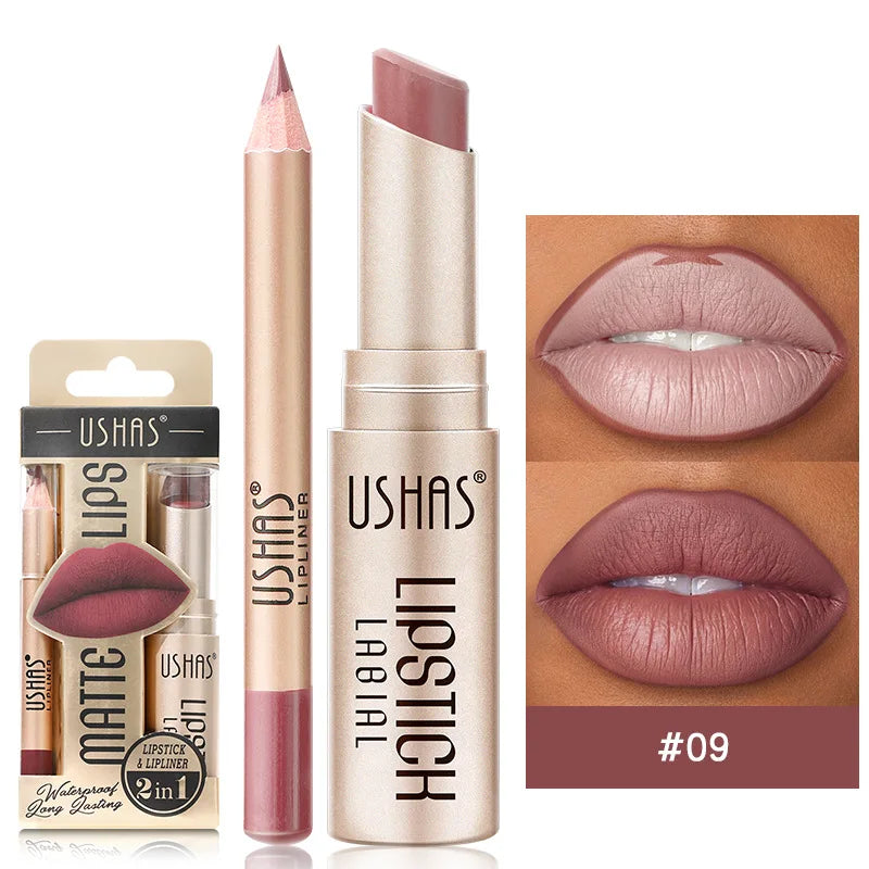 Set de delineador y lápiz labial USHAS de 12 colores: combinación mate de larga duración