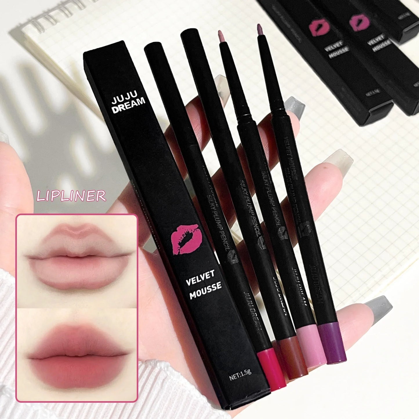 Lápiz delineador de labios mate a prueba de agua LuxuryGlow: 5 tonos duraderos y resistentes a las manchas para un contorno y una definición de labios perfectos.