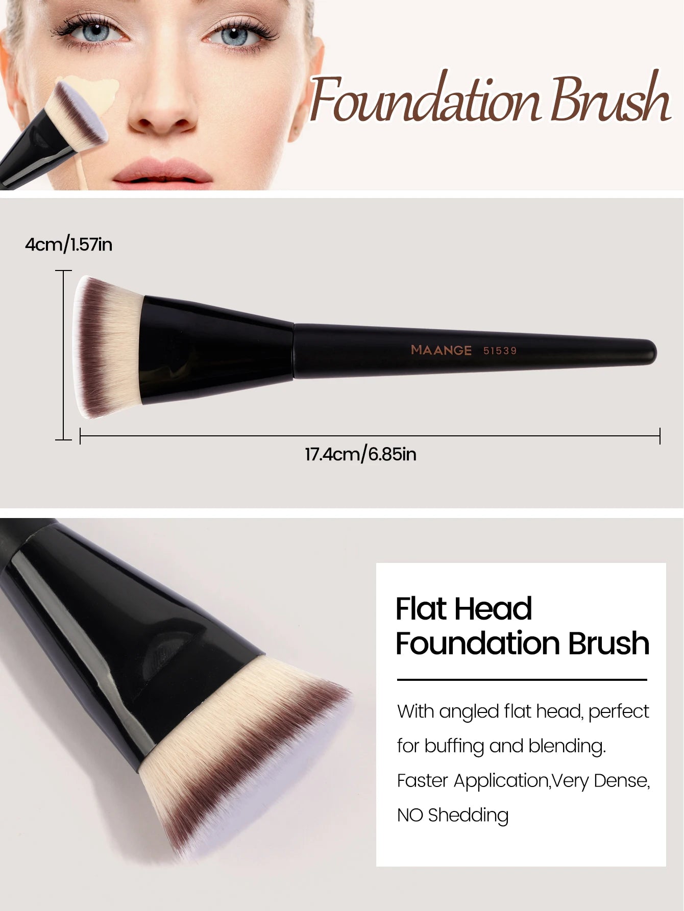 MAANGE 3pcs Foundation Makeup Brush Set – Flat, Angled & Round with Case