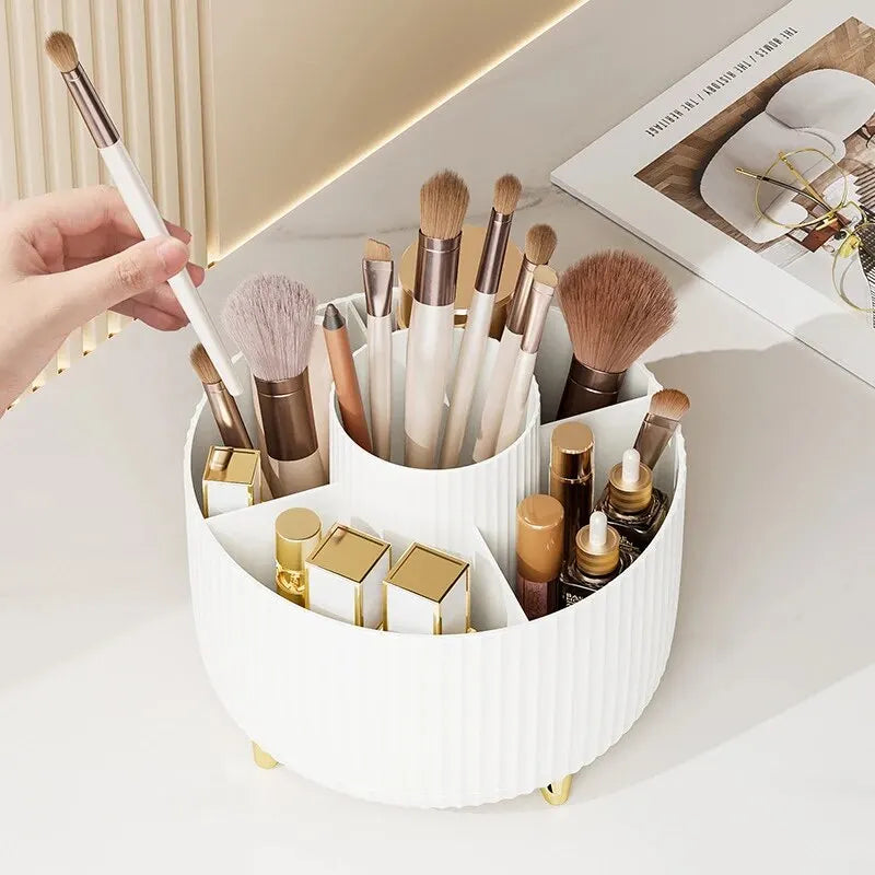 LuxuryGlow Rotating Makeup Brush Organizer – 360° Cosmetic Storage Box for Vanity Desk