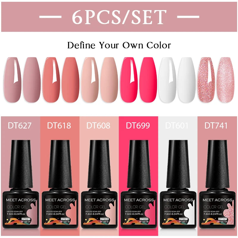 MEET ACROSS 6PC UV LED Gel Nail Polish Set – Soak Off Semi-Permanent Manicure Kit (7ml Each) C50