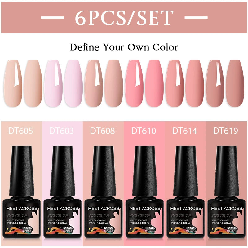 MEET ACROSS 6PC UV LED Gel Nail Polish Set – Soak Off Semi-Permanent Manicure Kit (7ml Each) C75