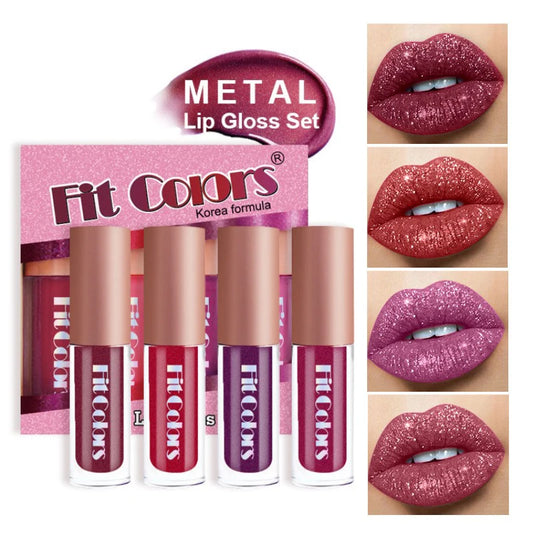 LuxuryGlow Fit Colors Velvet Lip Gloss Set – 4-Piece Long-Lasting, Transfer-Proof Gloss with Diamond Finish