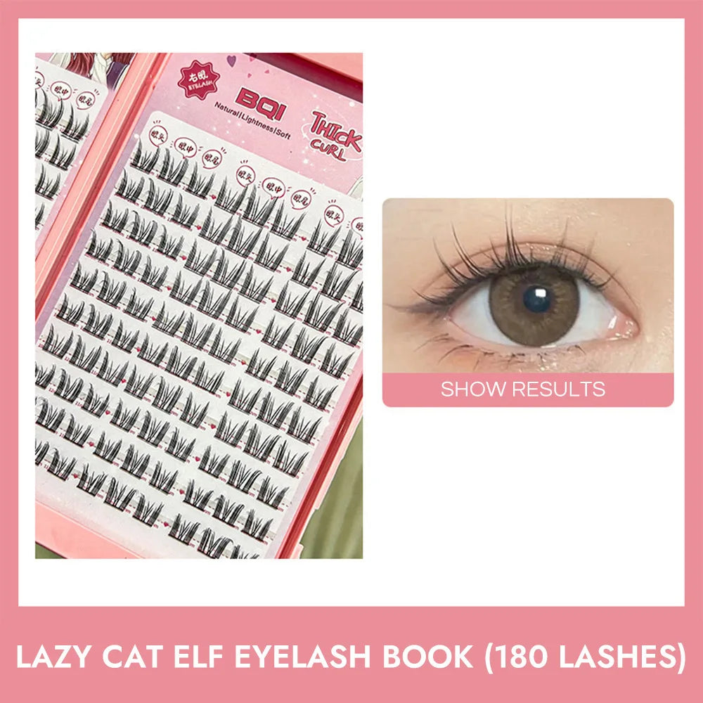كتاب رموش BQI Lazy Cat Elf - مجموعة من 180 قطعة من مجموعات الرموش مع الغراء 