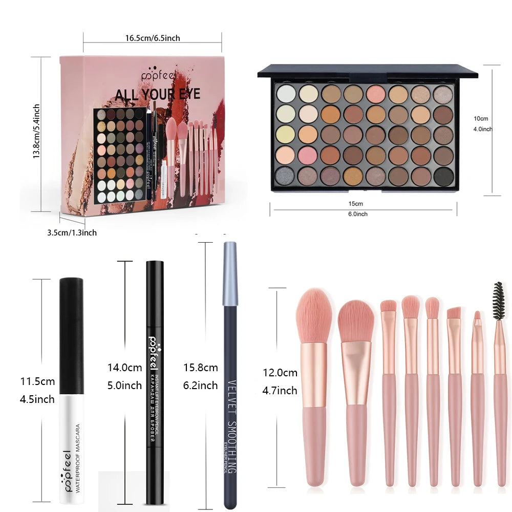 POPFEEL 40-Color Eye Makeup Set with Mascara, Eyeliner & Brushes
