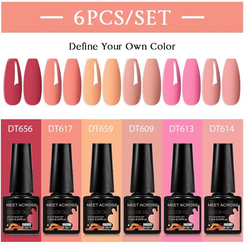 MEET ACROSS 6PC UV LED Gel Nail Polish Set – Soak Off Semi-Permanent Manicure Kit (7ml Each) C75