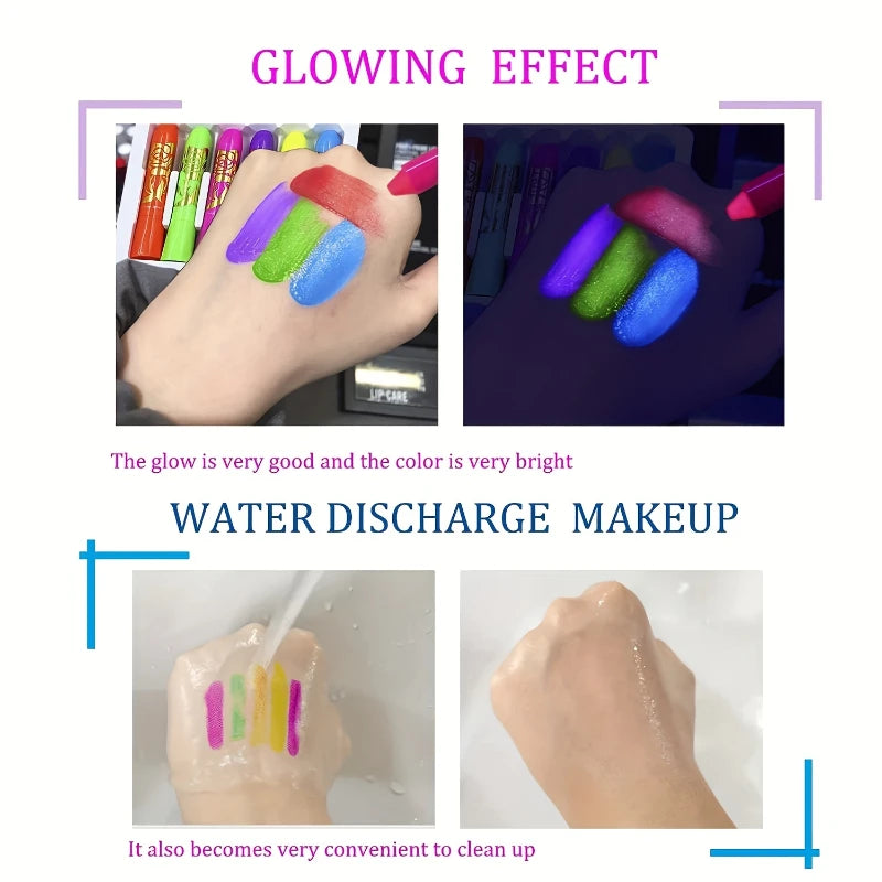 مجموعة أقلام تلوين الوجه المضيئة في الظلام من LuxuryGlow - 6 قطع من أقلام مكياج نيون غير سامة