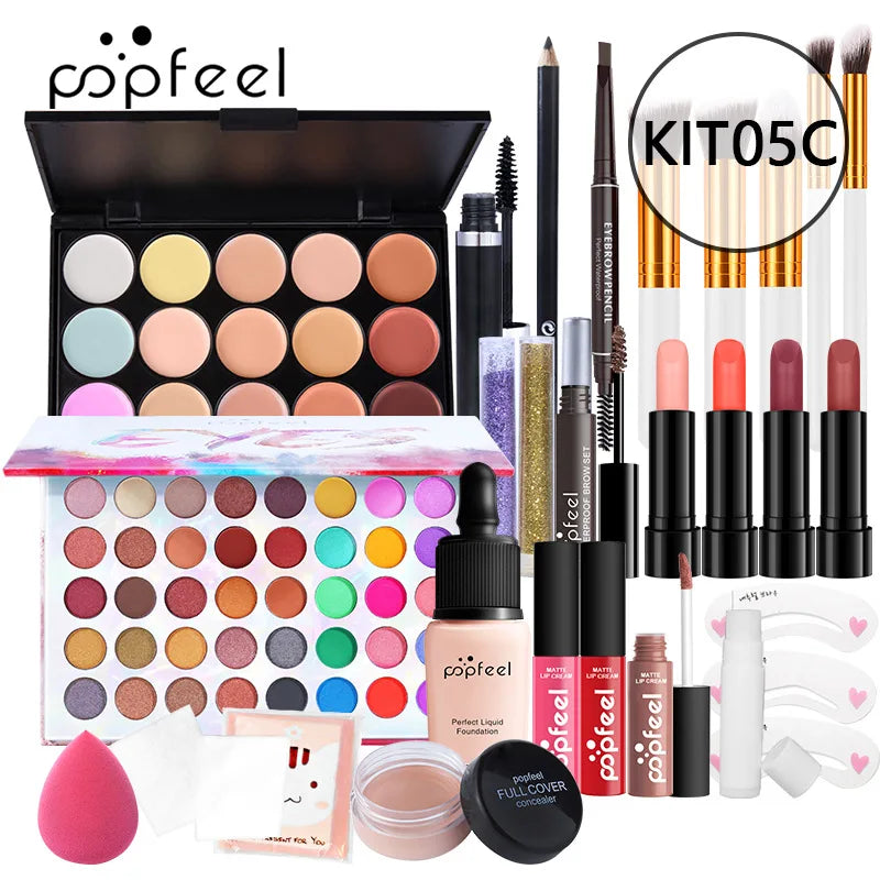 مجموعة هدايا مكياج POPFEEL من LuxuryGlow - مجموعة كاملة للوجه مع ظلال العيون، ملمع الشفاه، كريم الأساس، والفرش