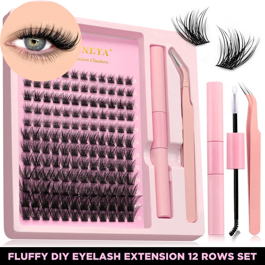 GROINNEYA DIY Lash Extension Kit – Natural Look Clusters with Bond & Seal, Tweezers Included