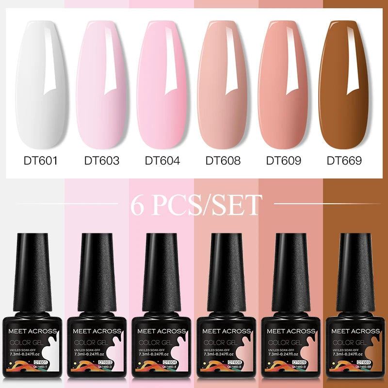 MEET ACROSS 6PC UV LED Gel Nail Polish Set – Soak Off Semi-Permanent Manicure Kit (7ml Each) C75