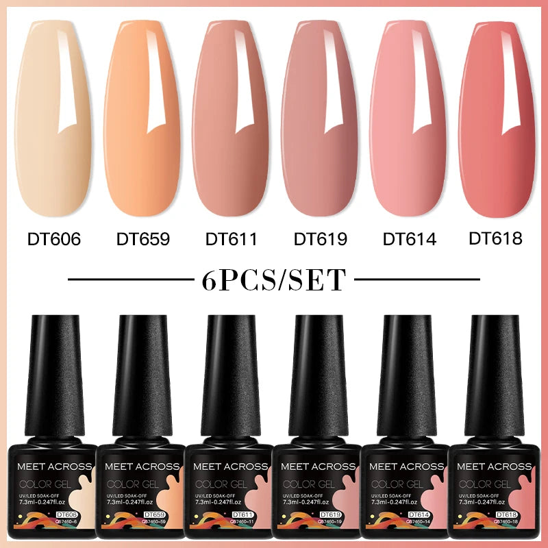 MEET ACROSS 6PC UV LED Gel Nail Polish Set – Soak Off Semi-Permanent Manicure Kit (7ml Each) C103