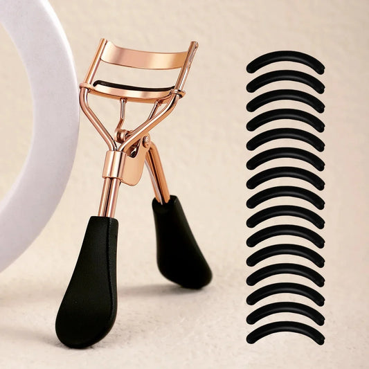 LuxuryGlow Portable Eyelash Curler with 15 Silicone Pads – Stainless Steel Curling Tool