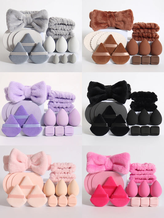 LuxuryGlow 15-Piece Makeup Sponge & Cosmetic Puff Set – Beauty Blender, Headband & Wristband