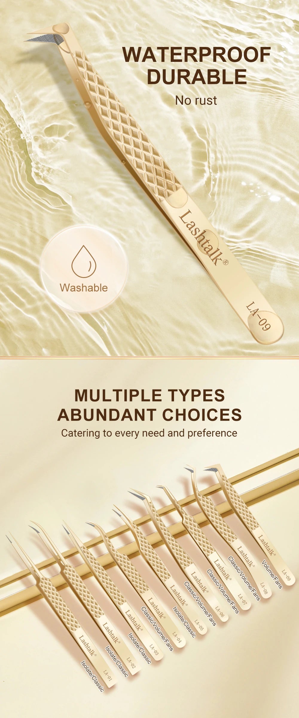 Pinzas para pestañas Lashtalk Precision con punta de fibra: antideslizantes, agarre de diamante y acabado dorado premium