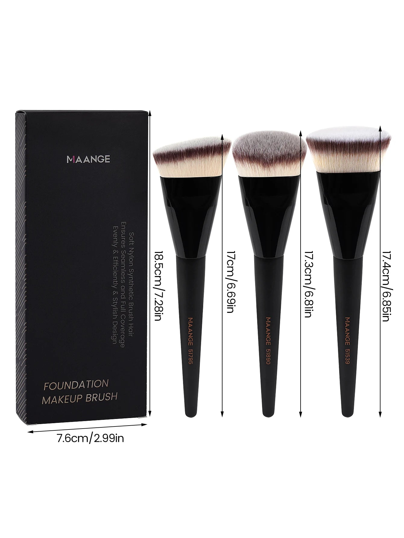 MAANGE 3pcs Foundation Makeup Brush Set – Flat, Angled & Round with Case