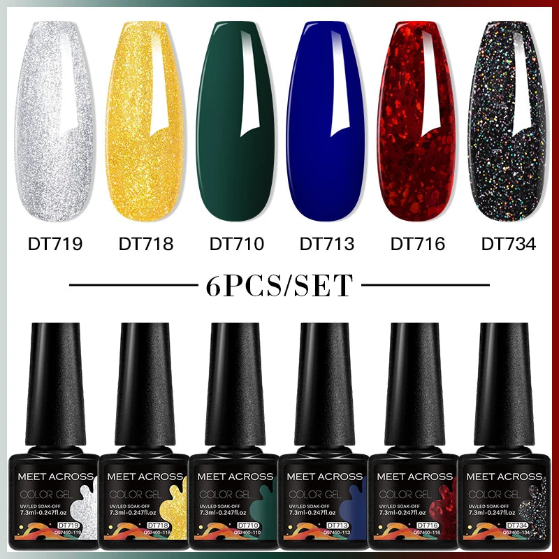 MEET ACROSS 6PC UV LED Gel Nail Polish Set – Soak Off Semi-Permanent Manicure Kit (7ml Each) C50
