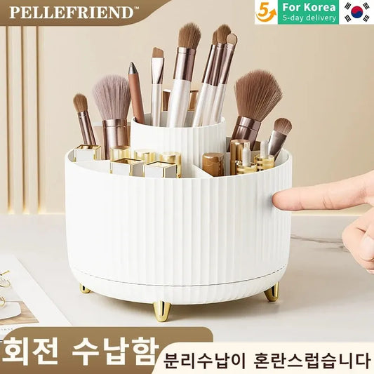 LuxuryGlow Rotating Makeup Brush Organizer – 360° Cosmetic Storage Box for Vanity Desk