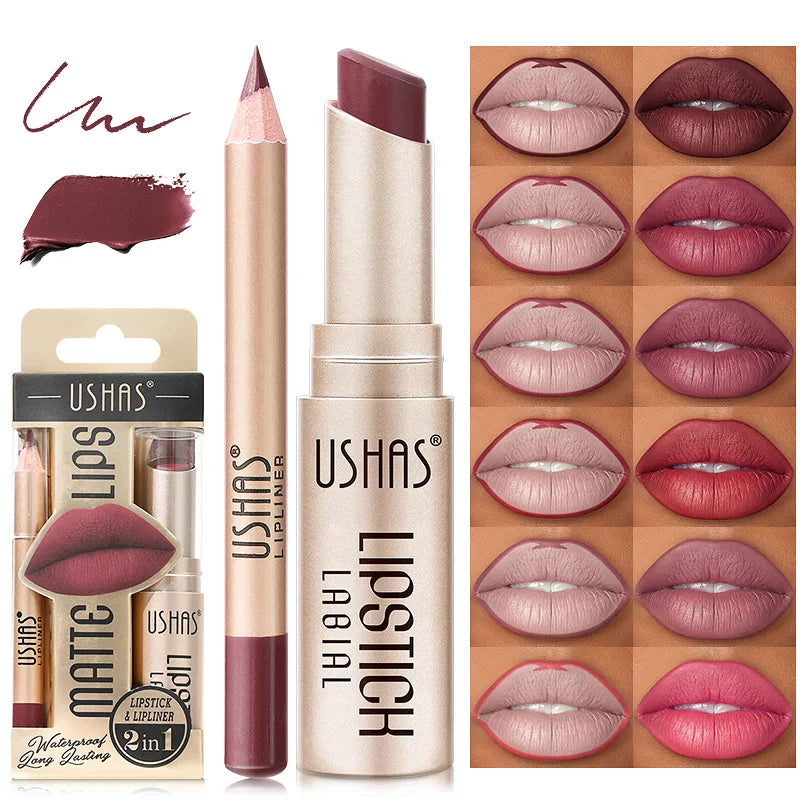 Set de delineador y lápiz labial USHAS de 12 colores: combinación mate de larga duración