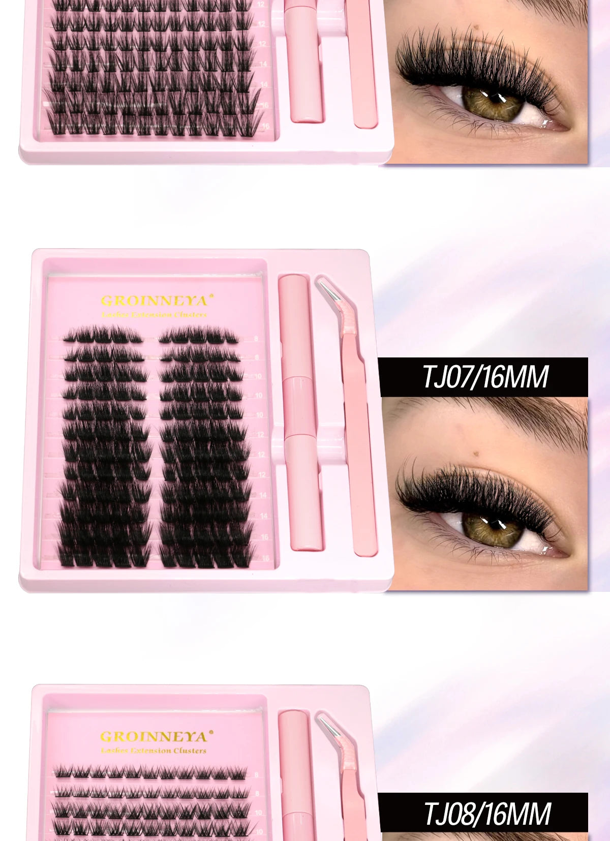 GROINNEYA DIY Lash Extension Kit – Natural Look Clusters with Bond & Seal, Tweezers Included