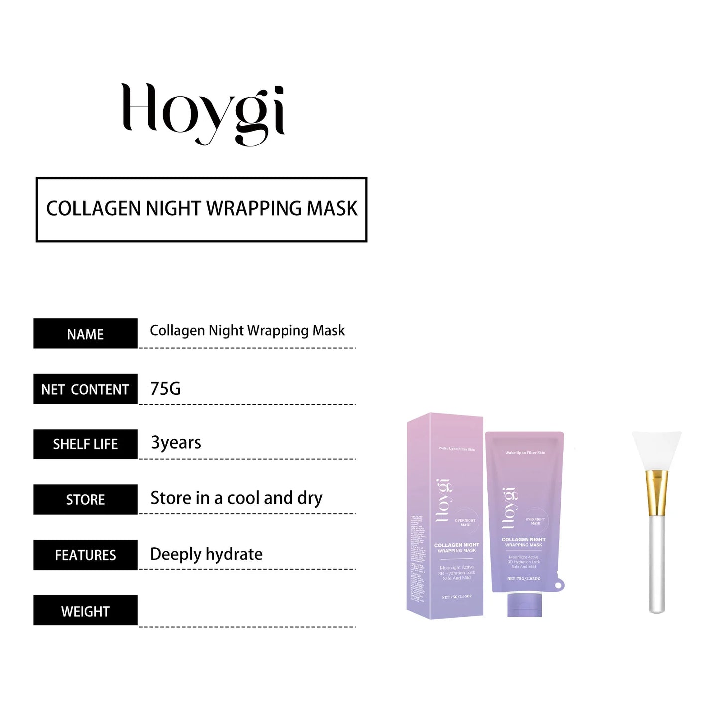Mascarilla Peel-Off Nocturna de Colágeno Hidrolizado Hoygi: Crema de Noche Reafirmante e Hidratante para la Elasticidad de la Piel (75 g)