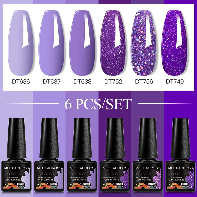MEET ACROSS 6PC UV LED Gel Nail Polish Set – Soak Off Semi-Permanent Manicure Kit (7ml Each) C25