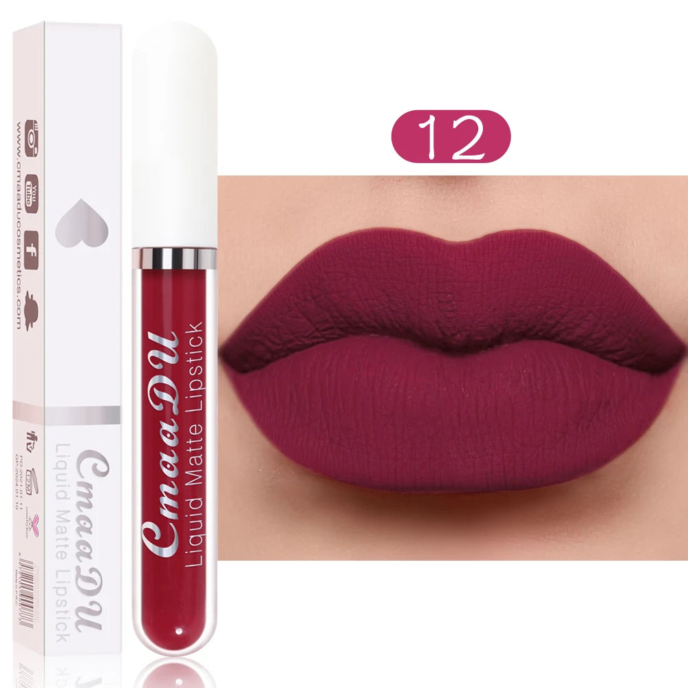 Brillo labial mate CmaaDu: labial resistente al agua y de larga duración en intensos tonos rojos.