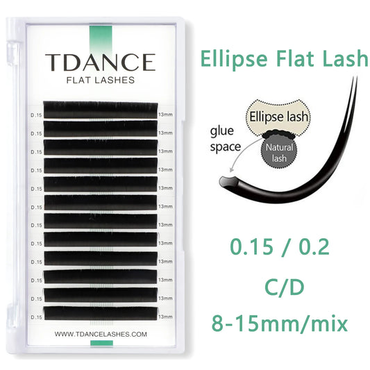 TDANCE Ellipse Flat Eyelash Extensions | 12-Line Tray | 8–15mm Matte Split Tips for Professionals