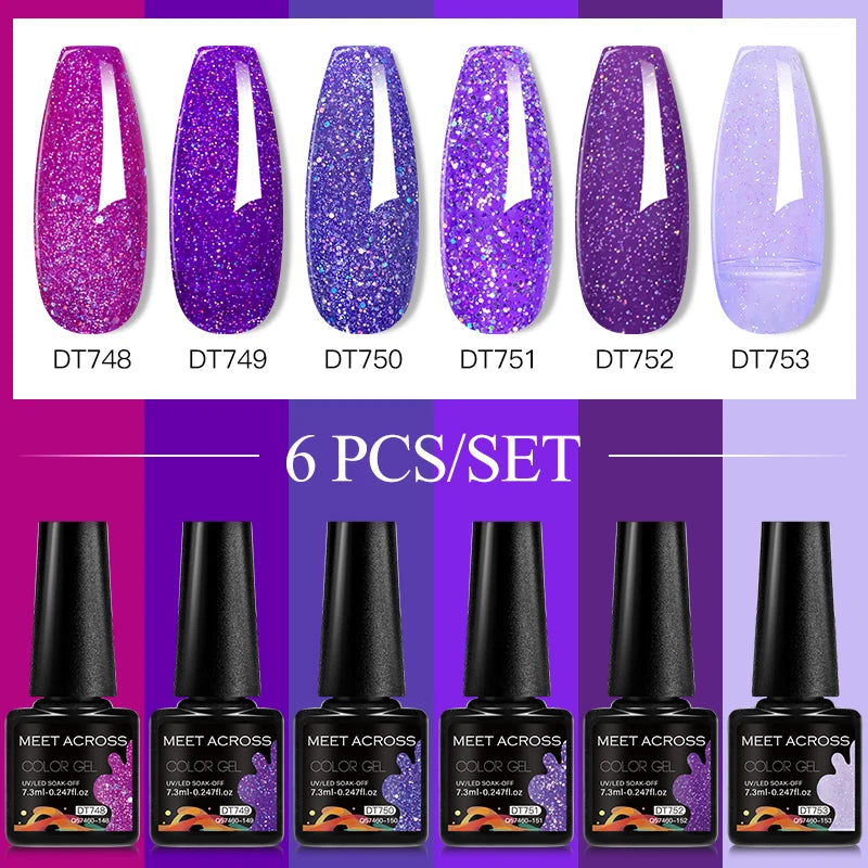 MEET ACROSS 6PC UV LED Gel Nail Polish Set – Soak Off Semi-Permanent Manicure Kit (7ml Each) C75