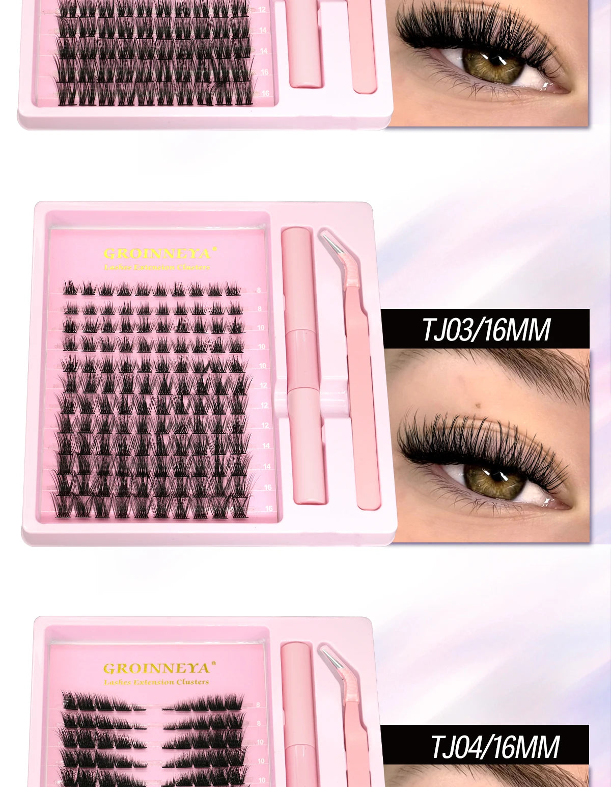GROINNEYA DIY Lash Extension Kit – Natural Look Clusters with Bond & Seal, Tweezers Included