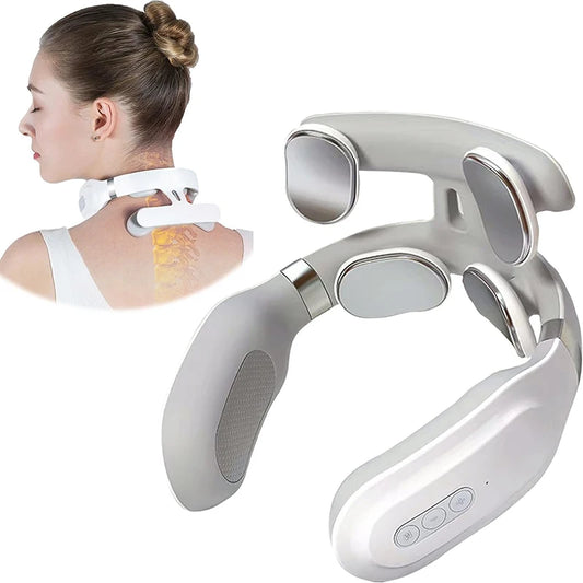 Máquina de masaje cervical LuxuryGlow con 4 unidades de calefacción, protección para cabeza y cuello, respiración, vibración ligera y compresas calientes para la columna cervical.