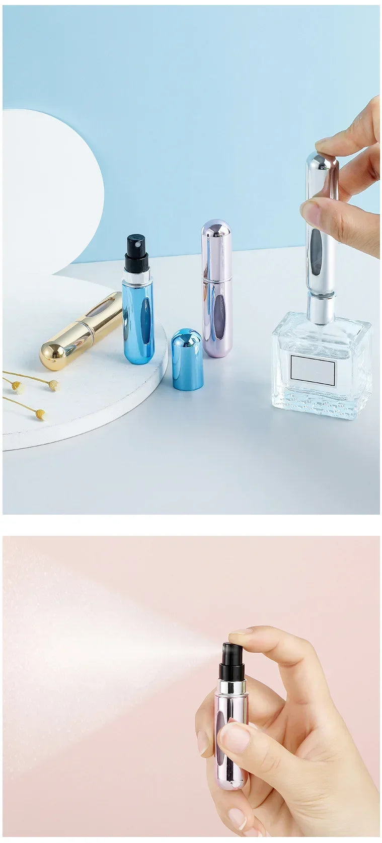 LuxuryGlow Portable Bottom Fill Perfume Spray Bottle 5ml/8ml | Refillable Travel Atomizer