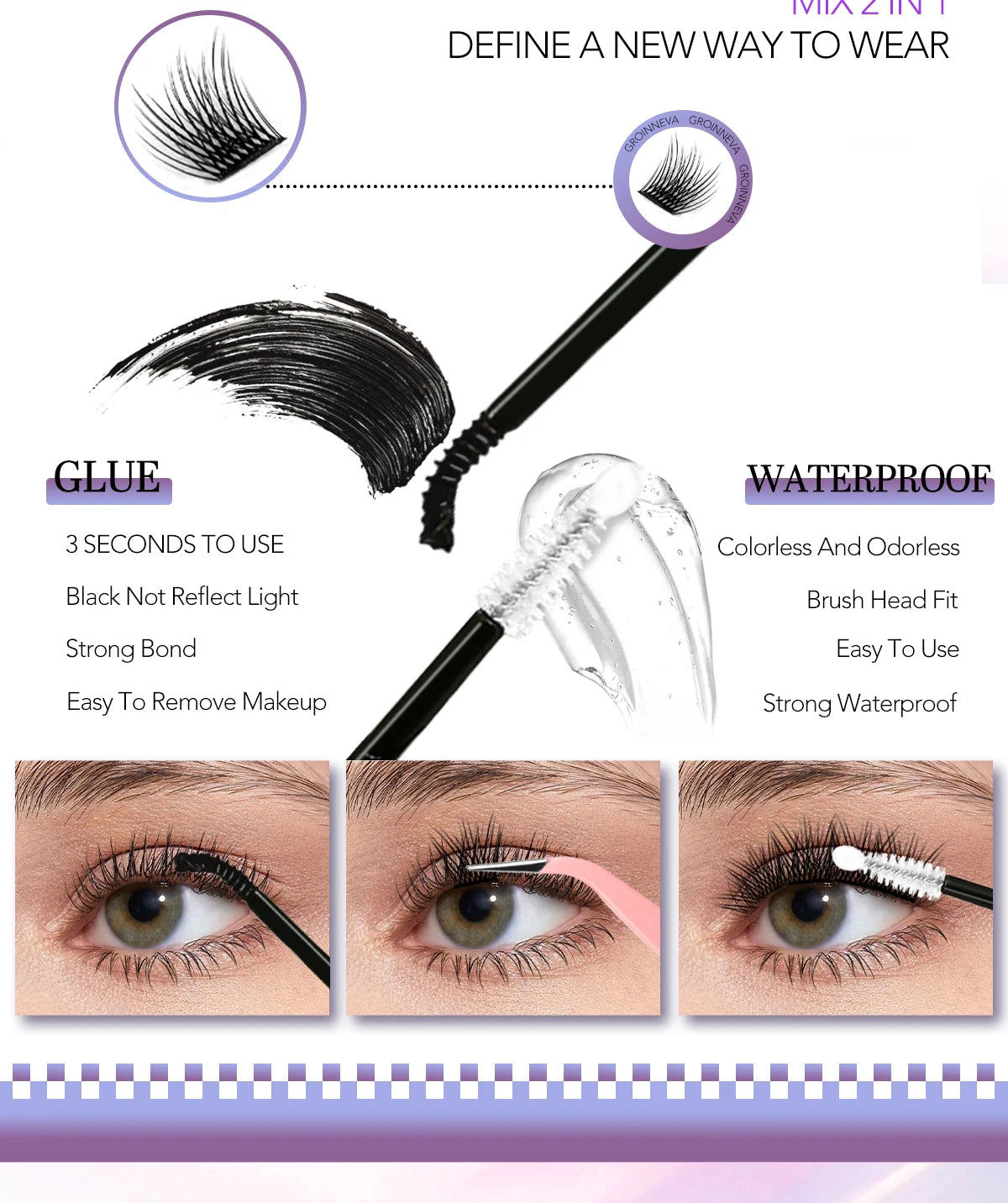 GROINNEYA DIY Lash Extension Kit – Natural Look Clusters with Bond & Seal, Tweezers Included