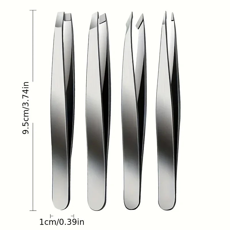 Juego de 4 pinzas profesionales de acero inoxidable LuxuryGlow: elimina fácilmente el vello facial, las cejas y las astillas.