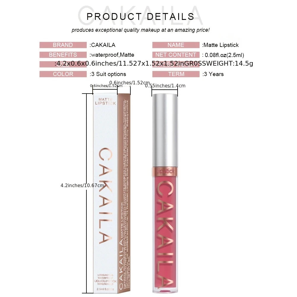 CAKAILA Waterproof Lipstick — Nude, Brown & Matte Red | 24-Hour Long-Lasting