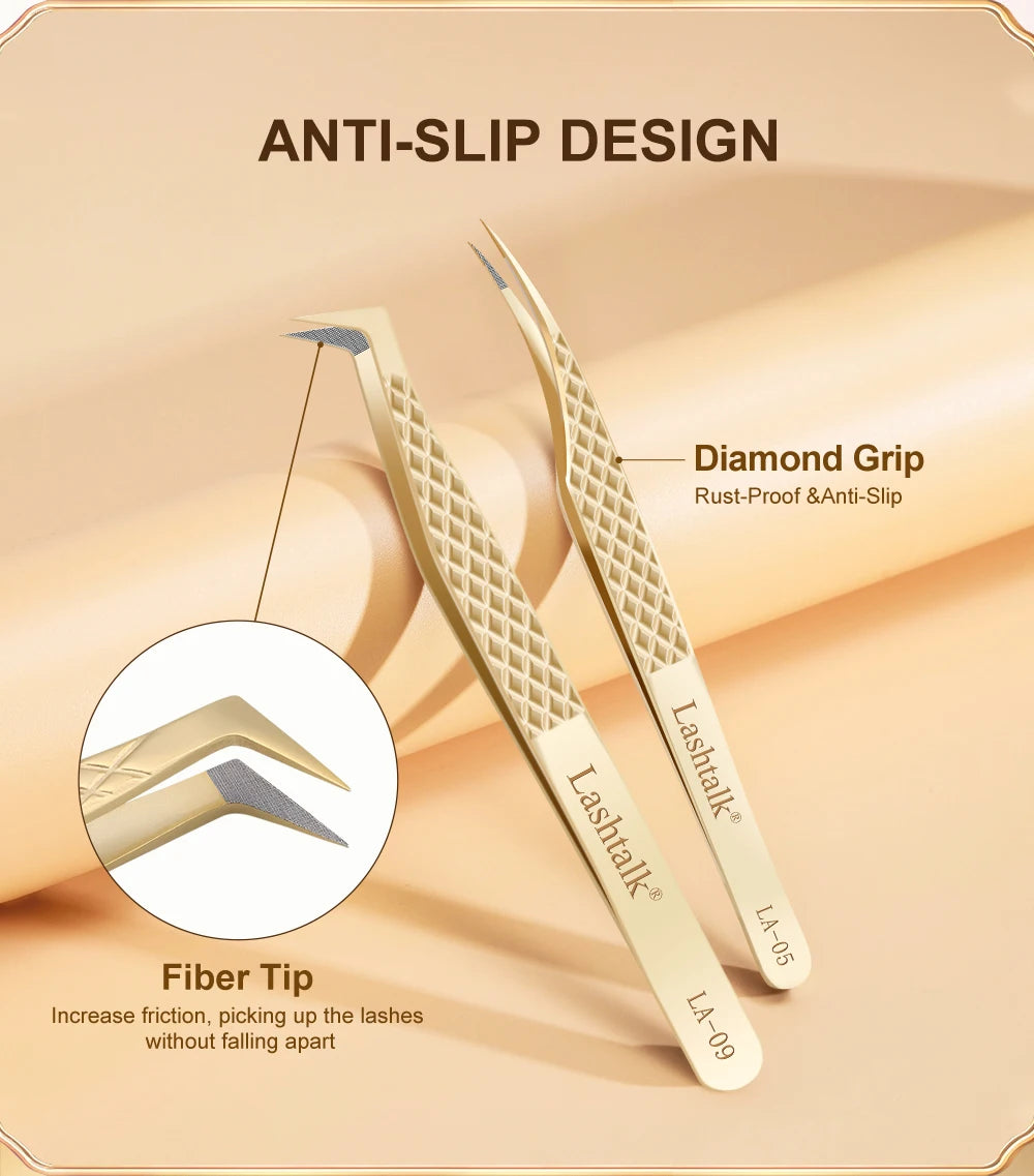 Pinzas para pestañas Lashtalk Precision con punta de fibra: antideslizantes, agarre de diamante y acabado dorado premium