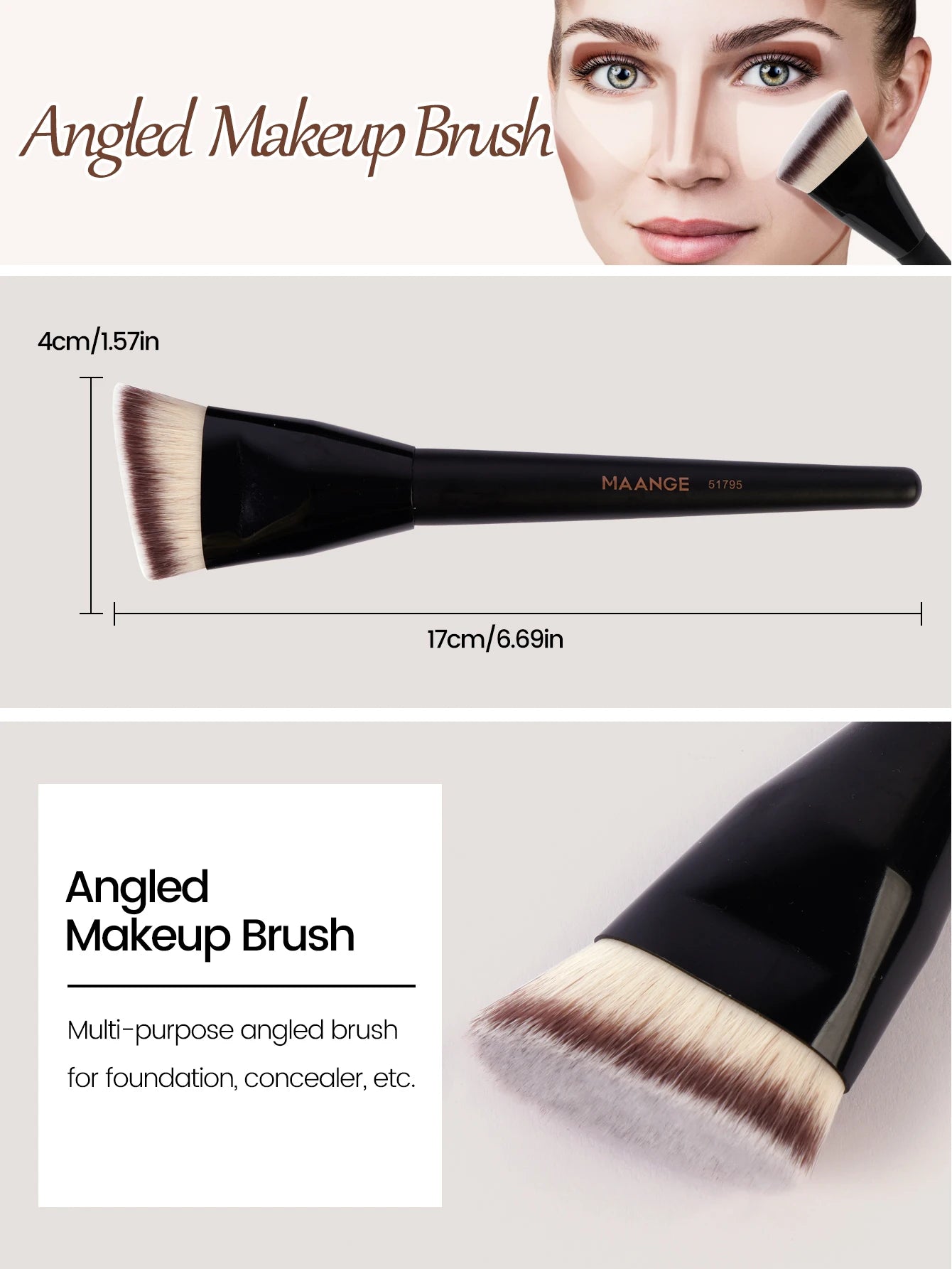 MAANGE 3pcs Foundation Makeup Brush Set – Flat, Angled & Round with Case