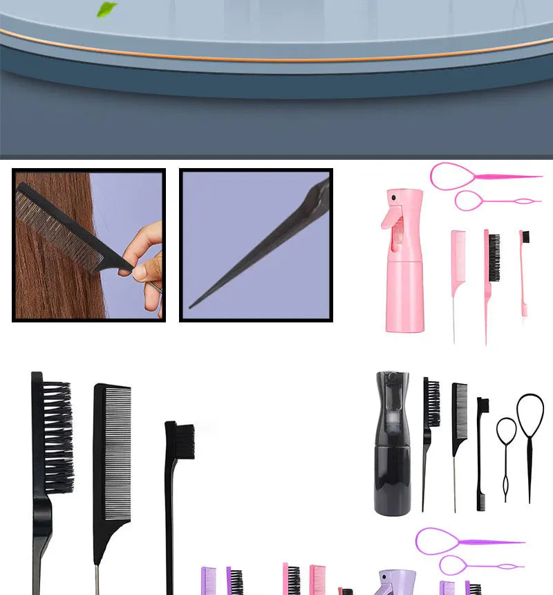 LuxuryGlow 6PCS Hair Styling Tool Set – Tail Combs, Hair Brushes & Spray Bottle for Hairdressers